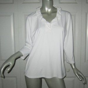 J. McLaughlin White Ruffled V-Neck Blouse